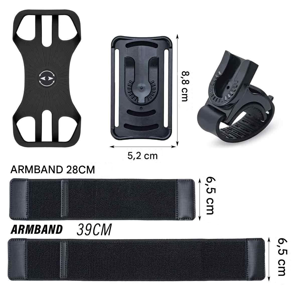 Verschiedene Armbänder für ein Telefon, mit angegebenen Abmessungen.