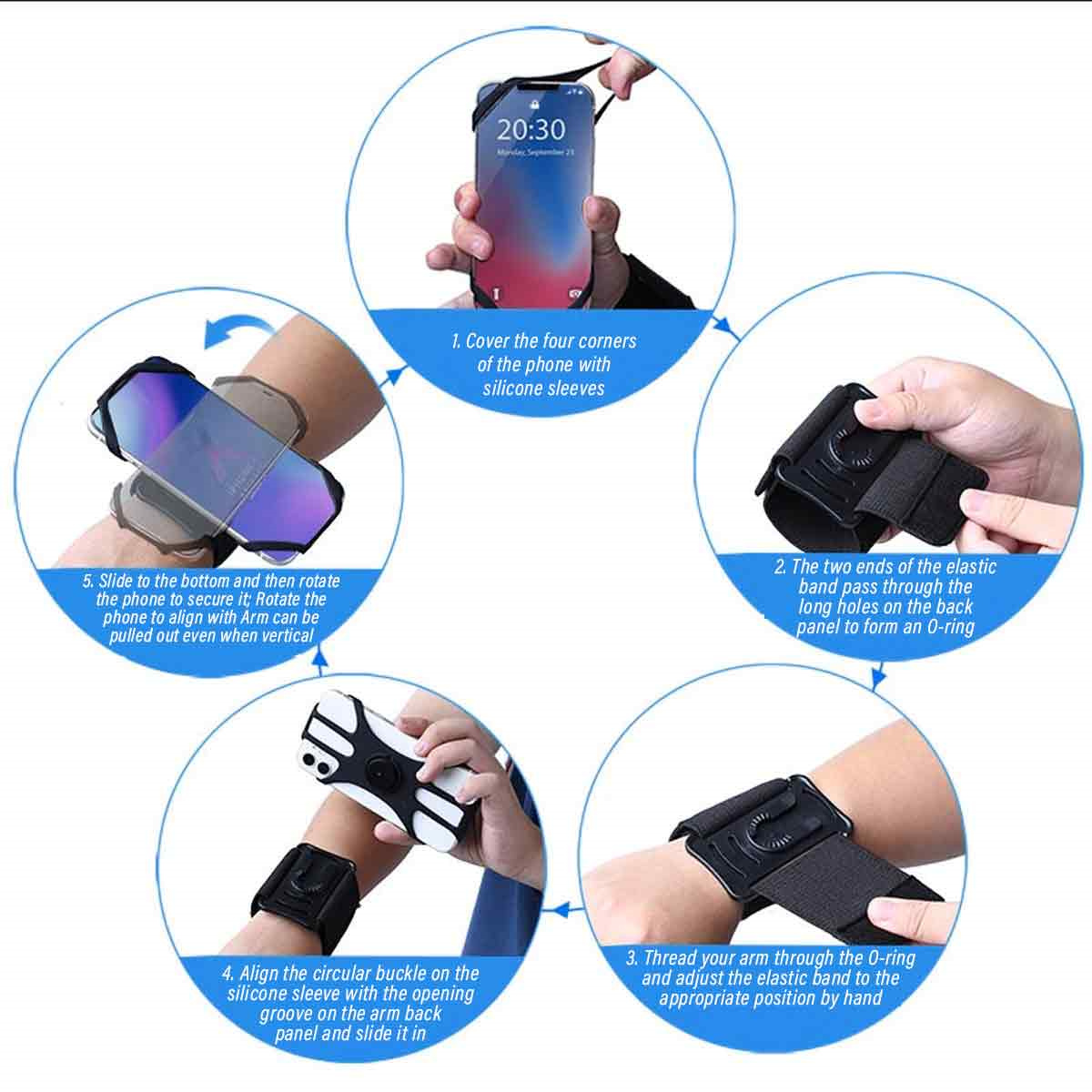 Diagramm zur Befestigung eines Telefons an einem Armband, Schritte 1 bis 5.