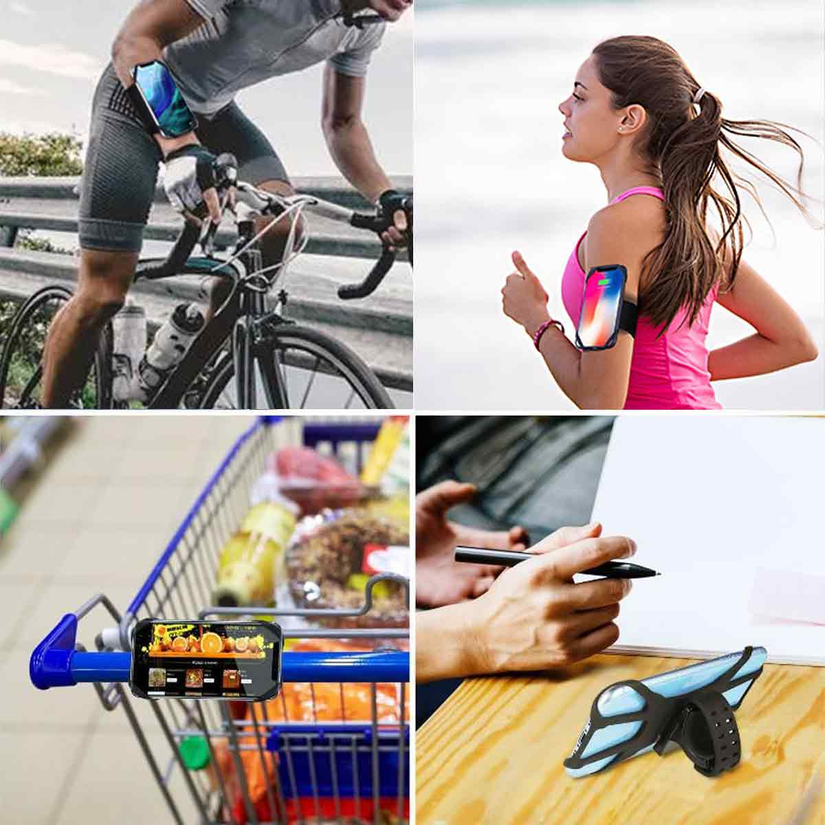 Collage mit Telefonhalterungen in Aktion: Fahrrad, Laufen, Einkaufswagen und Schreibtisch. Verschiedene.