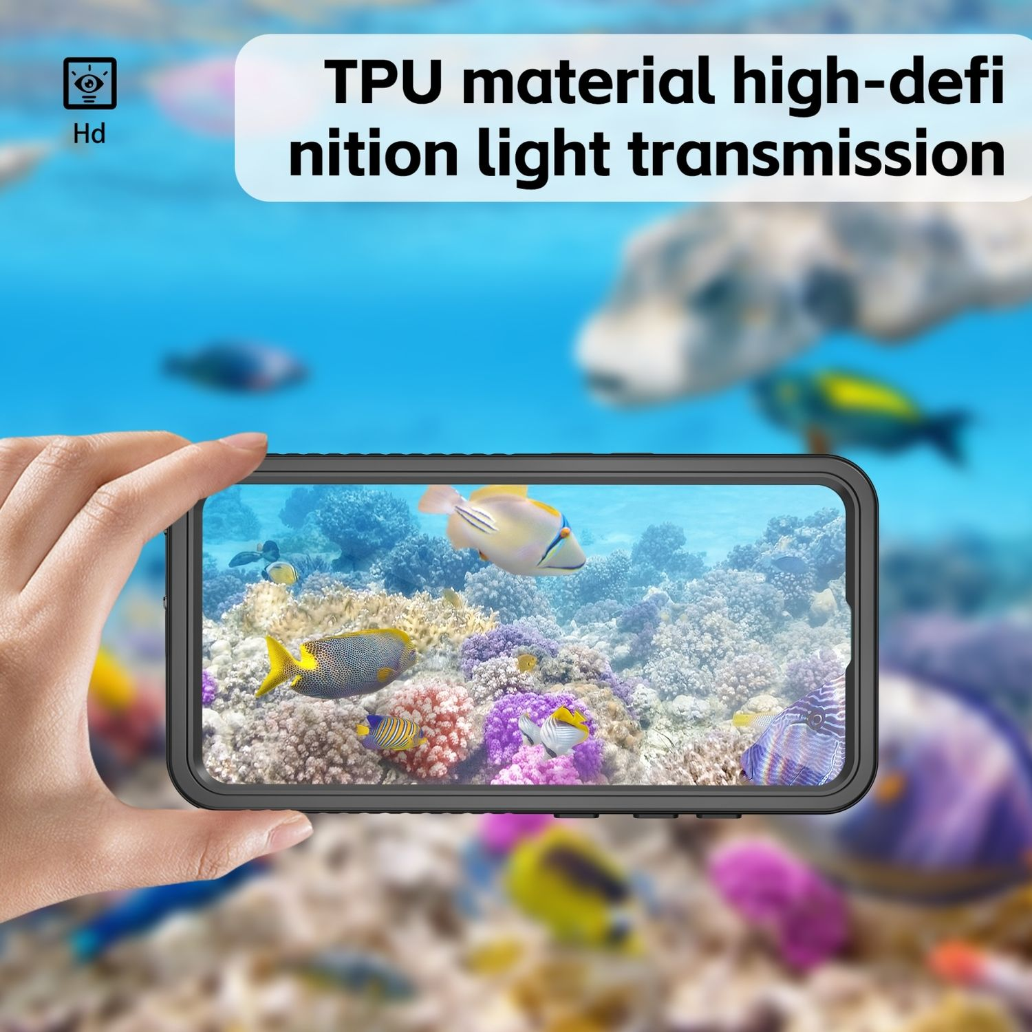 Hand, die ein Telefon hält, das eine Unterwasserszene mit Korallen, Fischen und Text zeigt.