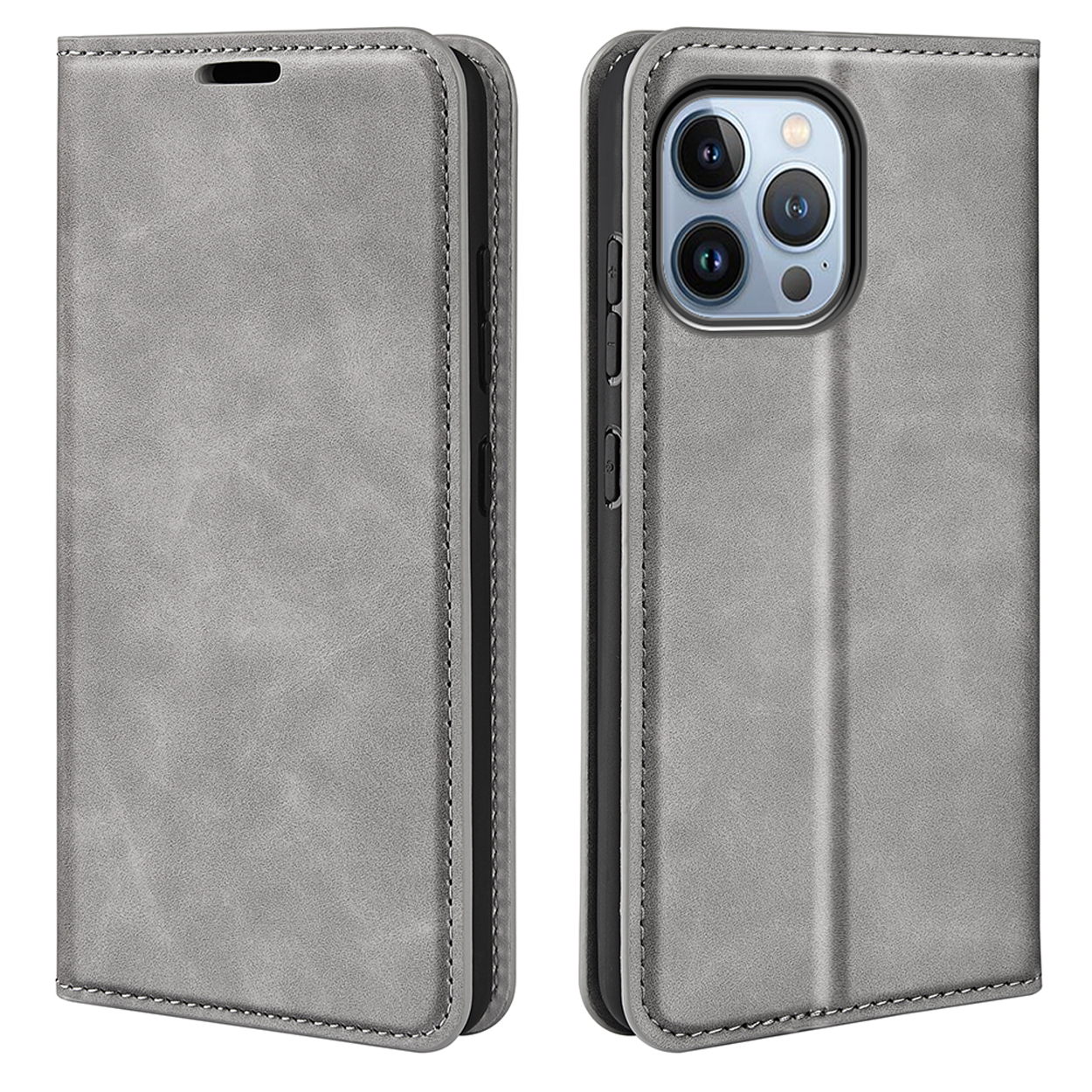 Un étui de téléphone gris, ouvert pour révéler le téléphone, et fermé.
