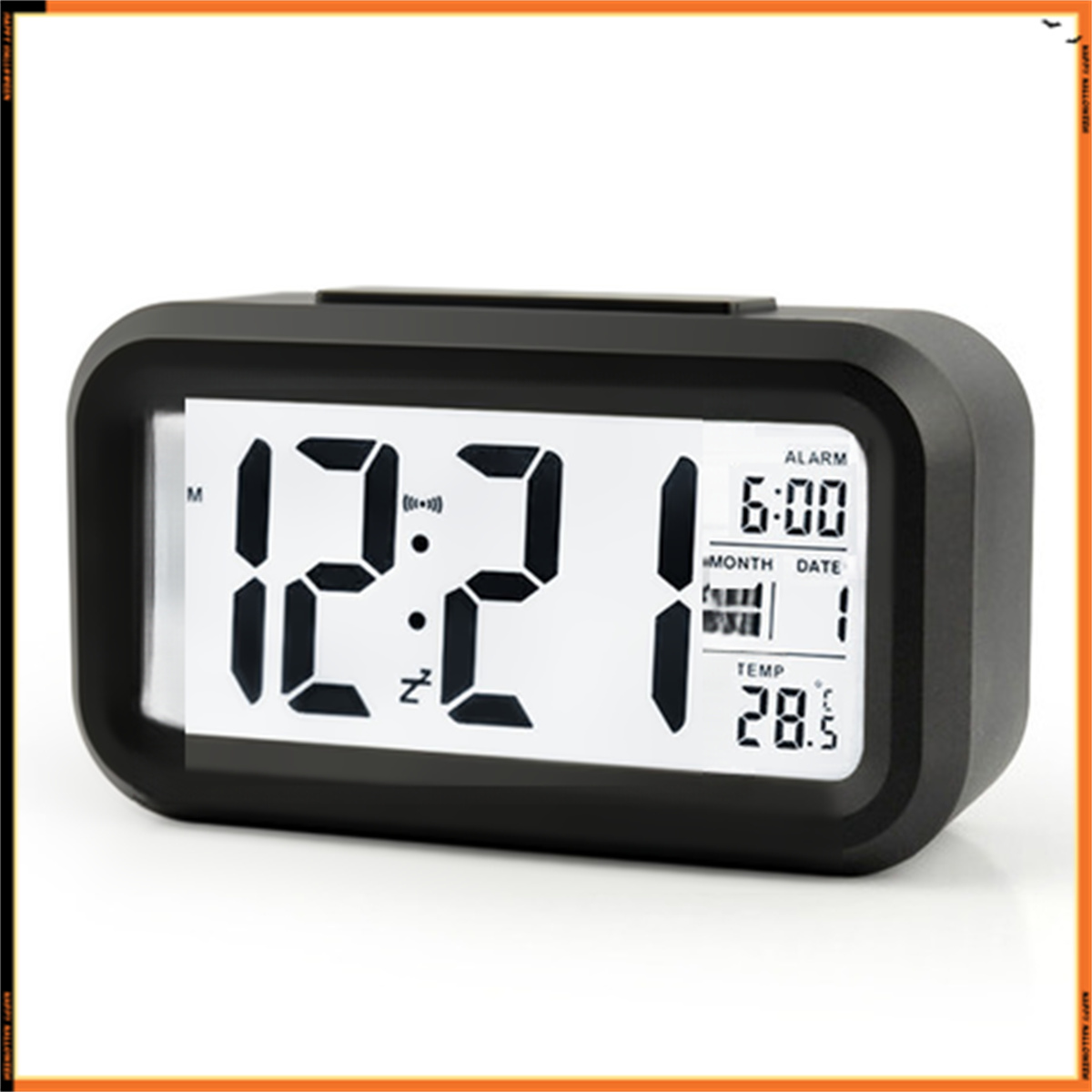 Ein schwarzer digitaler Wecker, der die Uhrzeit, das Datum und die Temperatur anzeigt. Die Uhr hat einen schwarzen Rahmen.