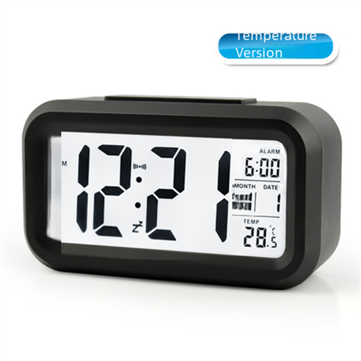 Schwarzer digitaler Wecker zeigt Zeit, Wecker, Datum und Temperatur an.