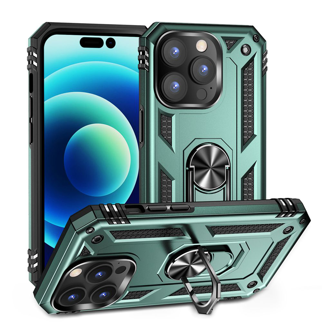 Groene telefoonhoes met een telefoon erin, de achterkant en andere hoeken tonend.