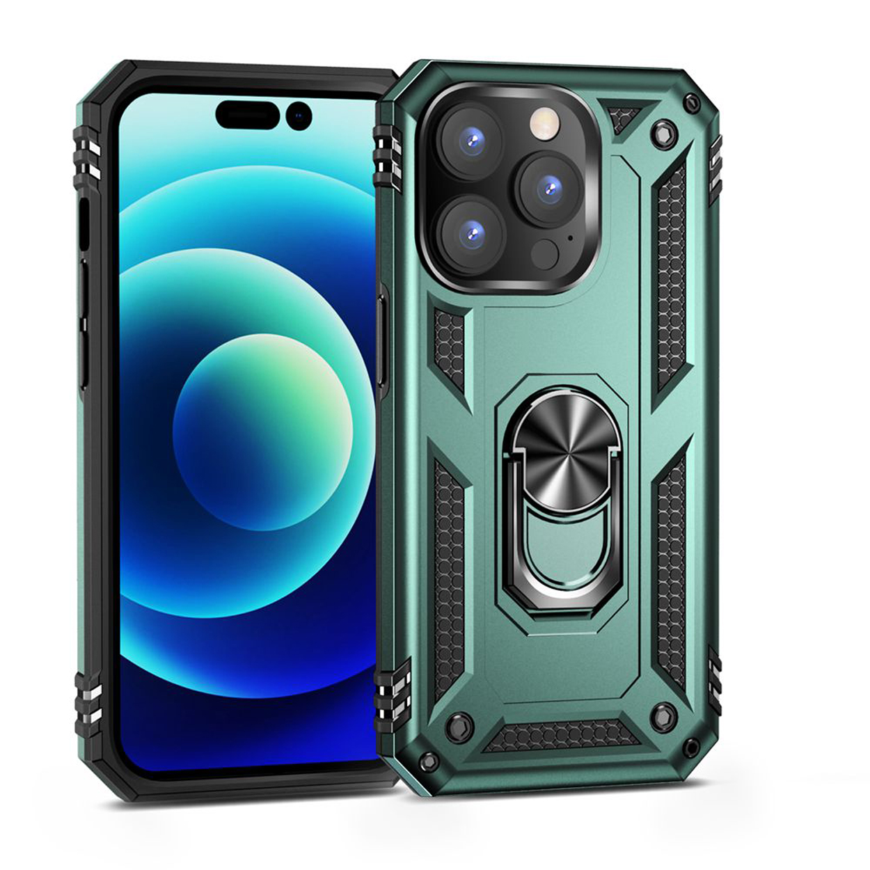 Groene telefoonhoes met een standaard, een cameraring en een telefoonscherm. Het heeft een zwarte rand.