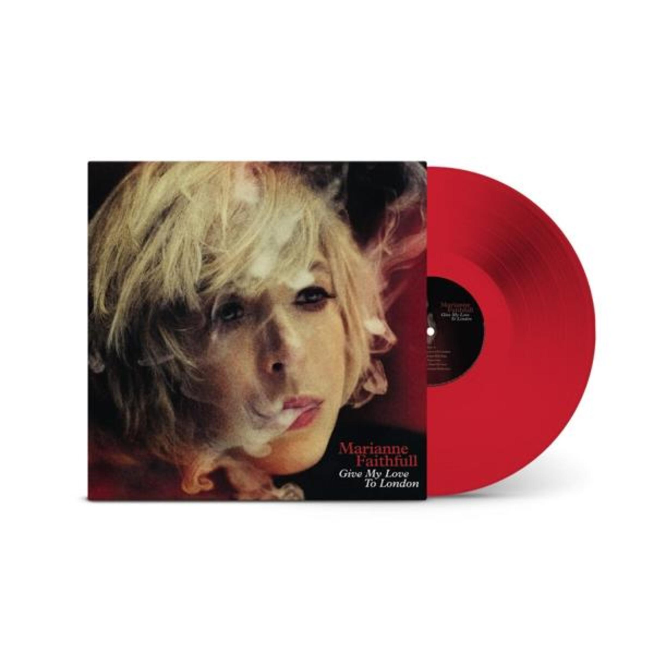 Copertina dell'album: Marianne Faithfull che fuma, disco in vinile rosso, copertina dell'album.