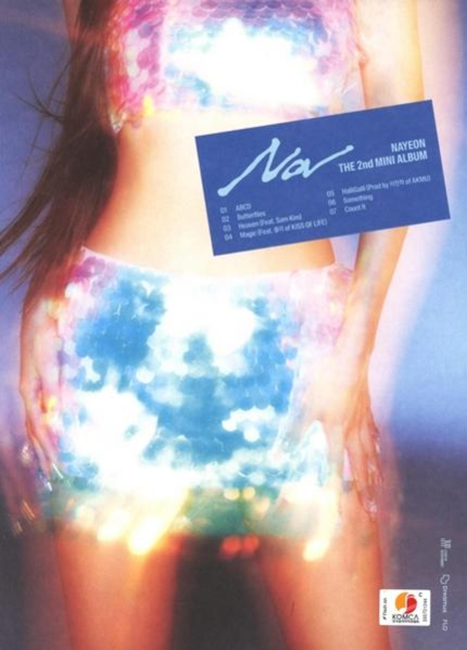 Album cover of Nayeon, with the album title and tracklist. The cover image shows her in a blue outfit.