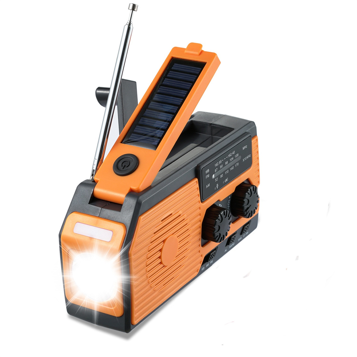Orange-graues solarbetriebenes Radio mit Taschenlampe und ausgefahrener Antenne.