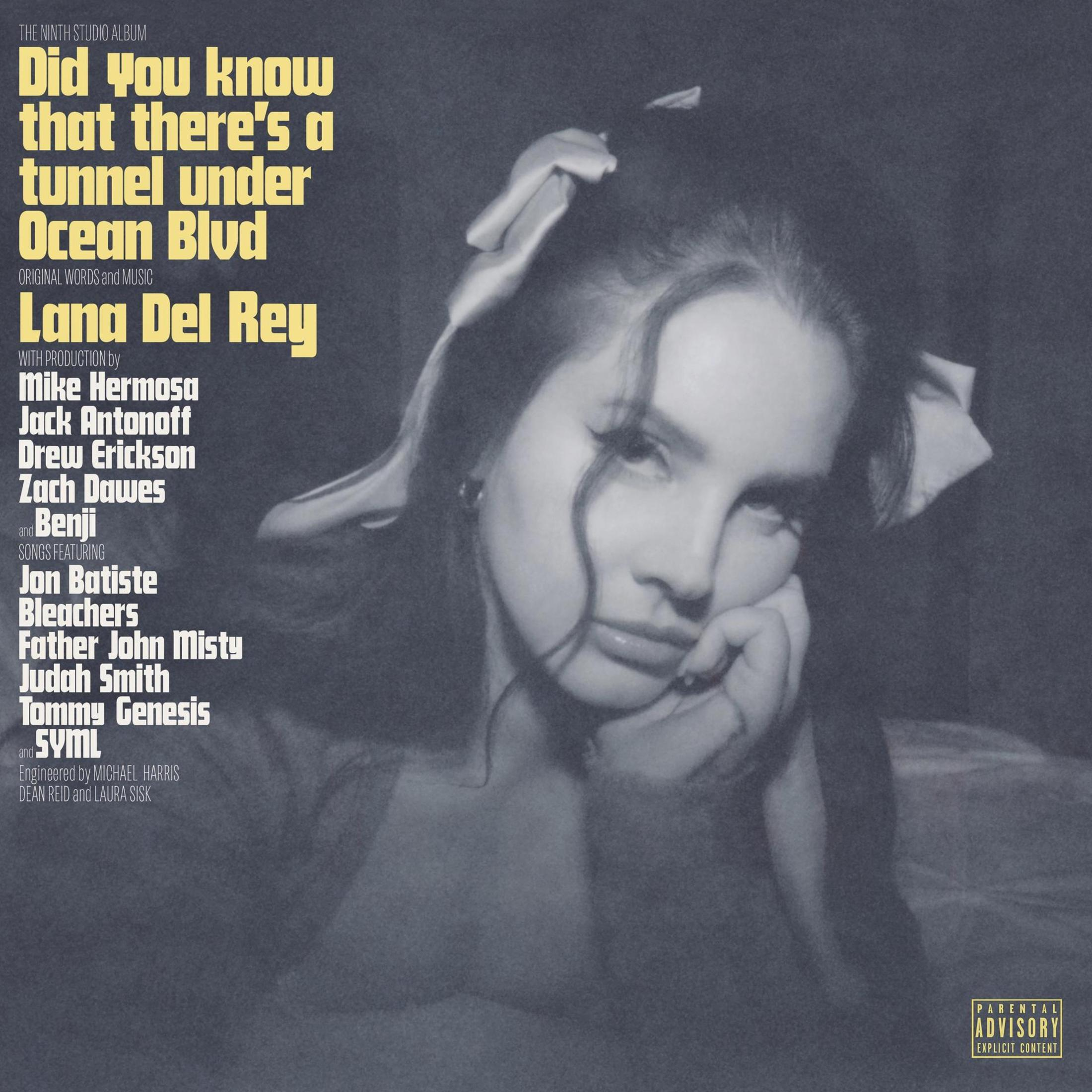 Albumhoes met het gezicht van Lana Del Rey en tekst. De titel is: 'Did You Know That There's A Tunnel Under Ocean Blvd'.