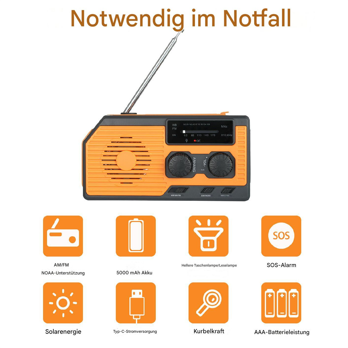 Ein orangefarbenes Notfallradio mit AM/FM, Solarstrom und anderen Funktionen, mit Symbolen.