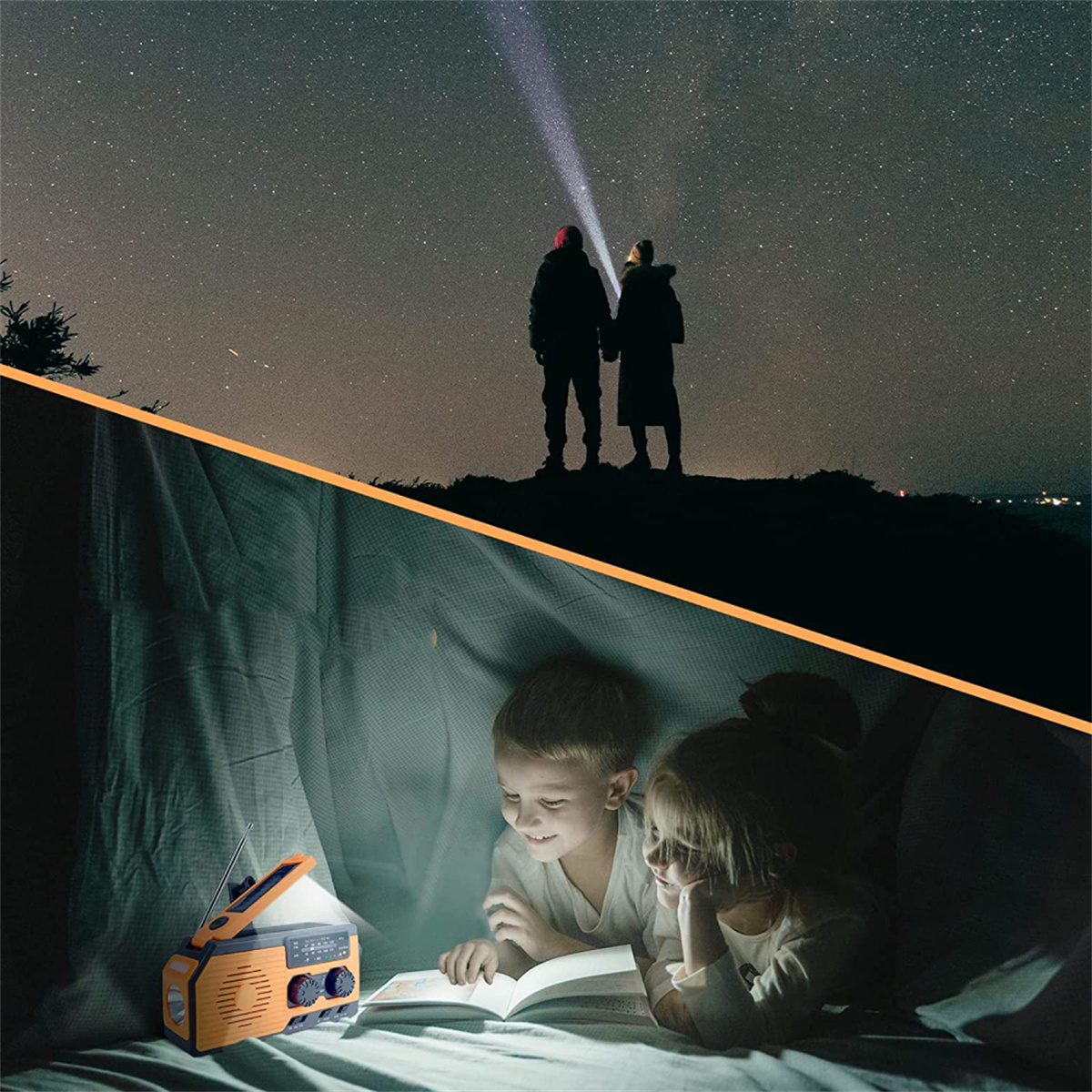 Abendliche Szene: Paar unter Sternen, Kinder lesen bei Lampe im Zelt, orangefarbenes Radio.