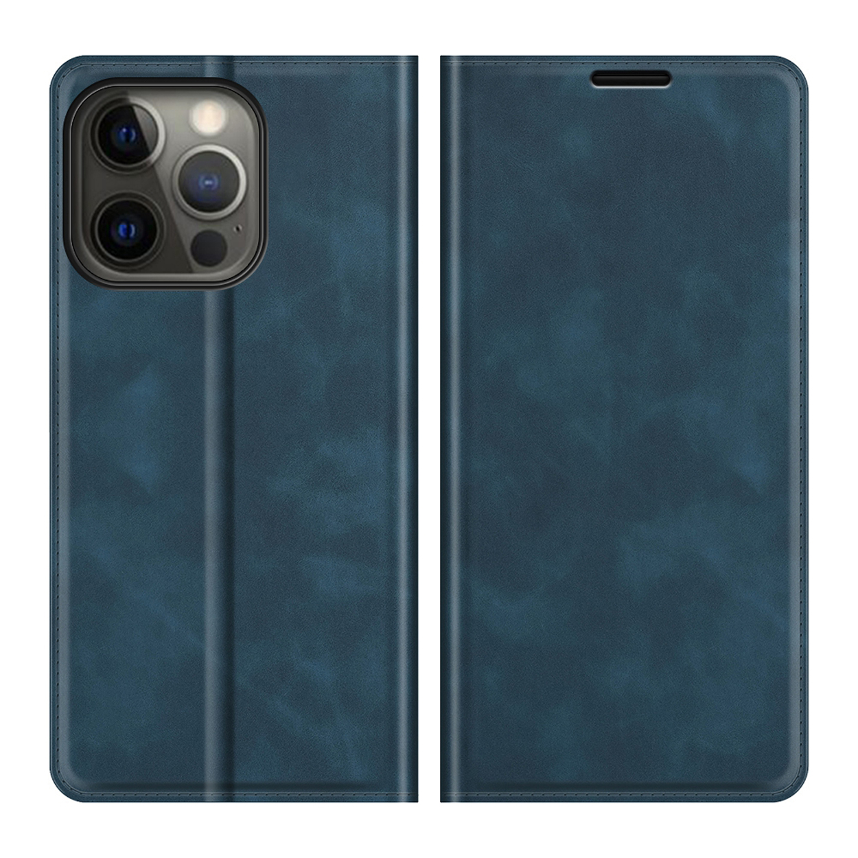 Étui de téléphone bleu de style portefeuille, montrant le téléphone fermé et ouvert.