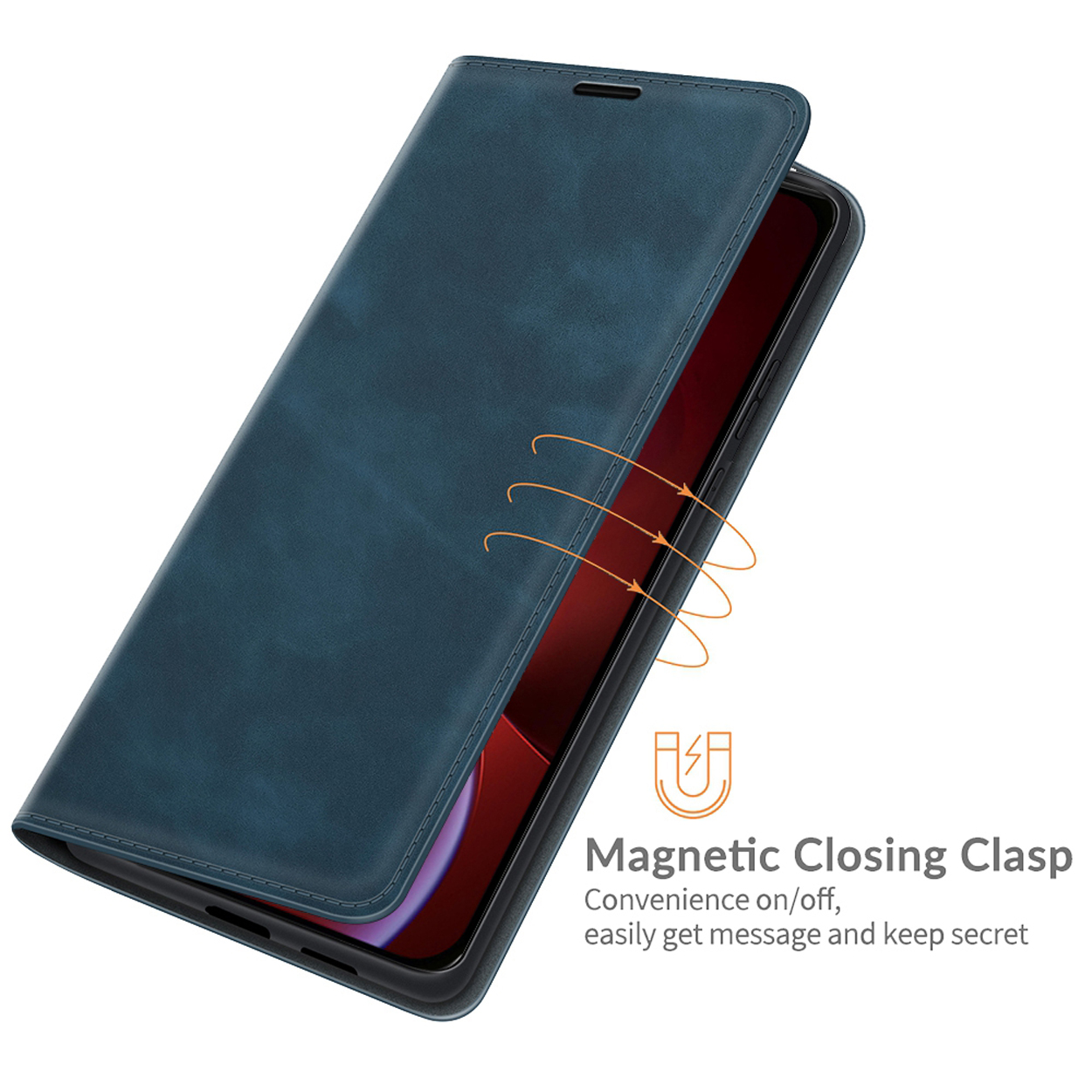 Étui de téléphone bleu, ouvert, avec un téléphone à l'intérieur. Texte Fermeture magnétique. Facilité marche/arrêt, obtenir un message et garder secret.