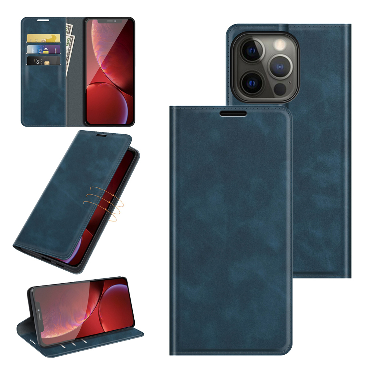 Étui de téléphone bleu, ouvert, montrant l'intérieur. Un téléphone est à l'intérieur. Plusieurs vues de l'étui et du téléphone sont montrées.