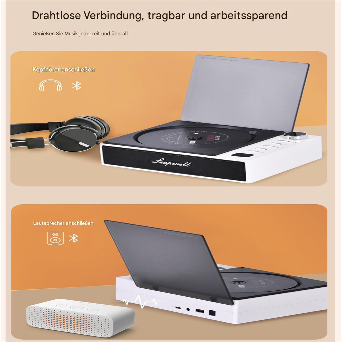 Diagramm eines Musikplayers mit Kopfhörer- und Lautsprecheroptionen, beide drahtlos.