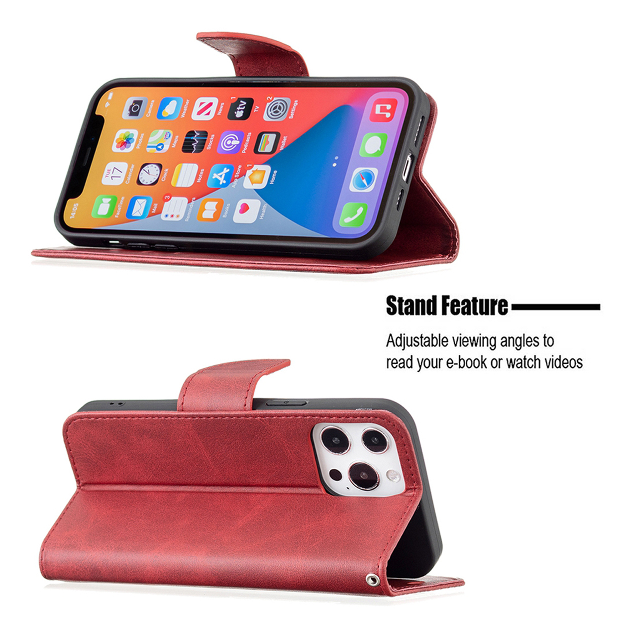 Rode telefoonhoes met telefoon erin, toont het scherm. Standfunctie wordt weergegeven.