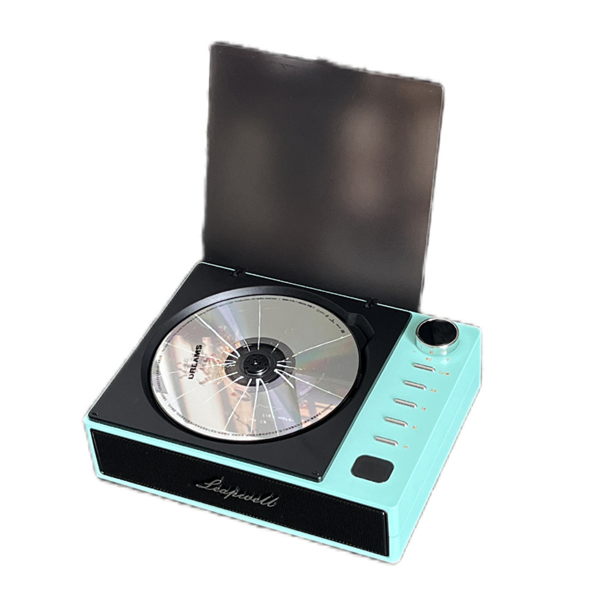 Türkisfarbener CD-Player mit schwarzem Deckel. Eine CD liegt auf dem Plattenteller.