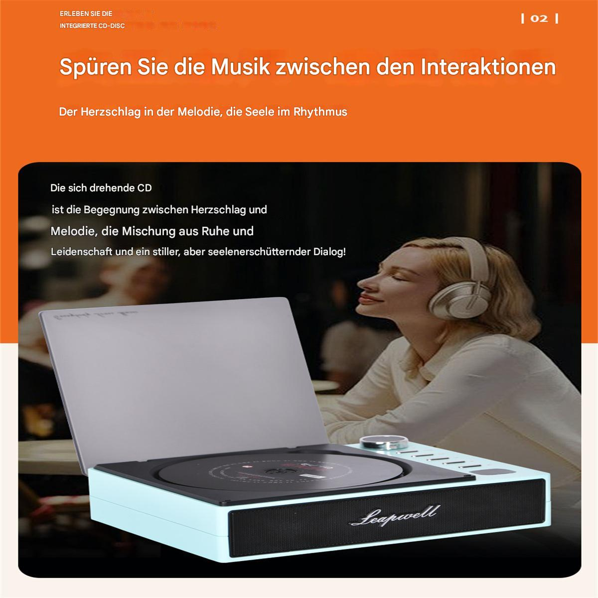 Frau mit Kopfhörern hört Musik von einem Plattenspieler, mit deutschem Text.