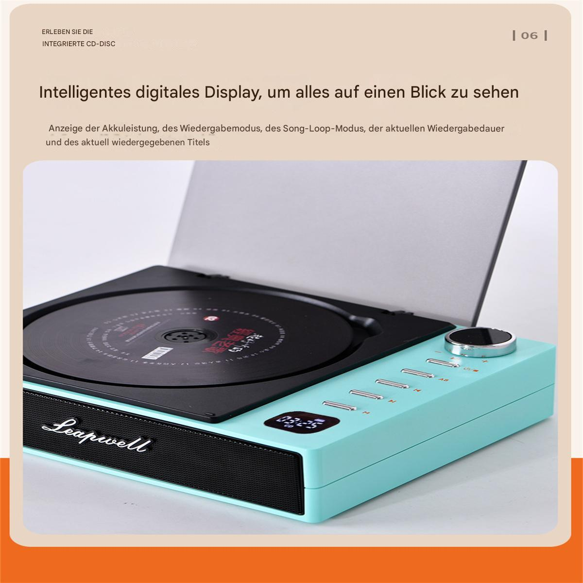 Offener CD-Player mit türkisfarbener Basis und Display mit Text.