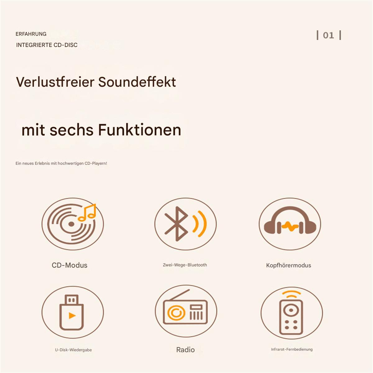 Text über CD-Player-Funktionen. Symbole: CD-Modus, Bluetooth, Kopfhörer, USB, Radio und Fernbedienung.