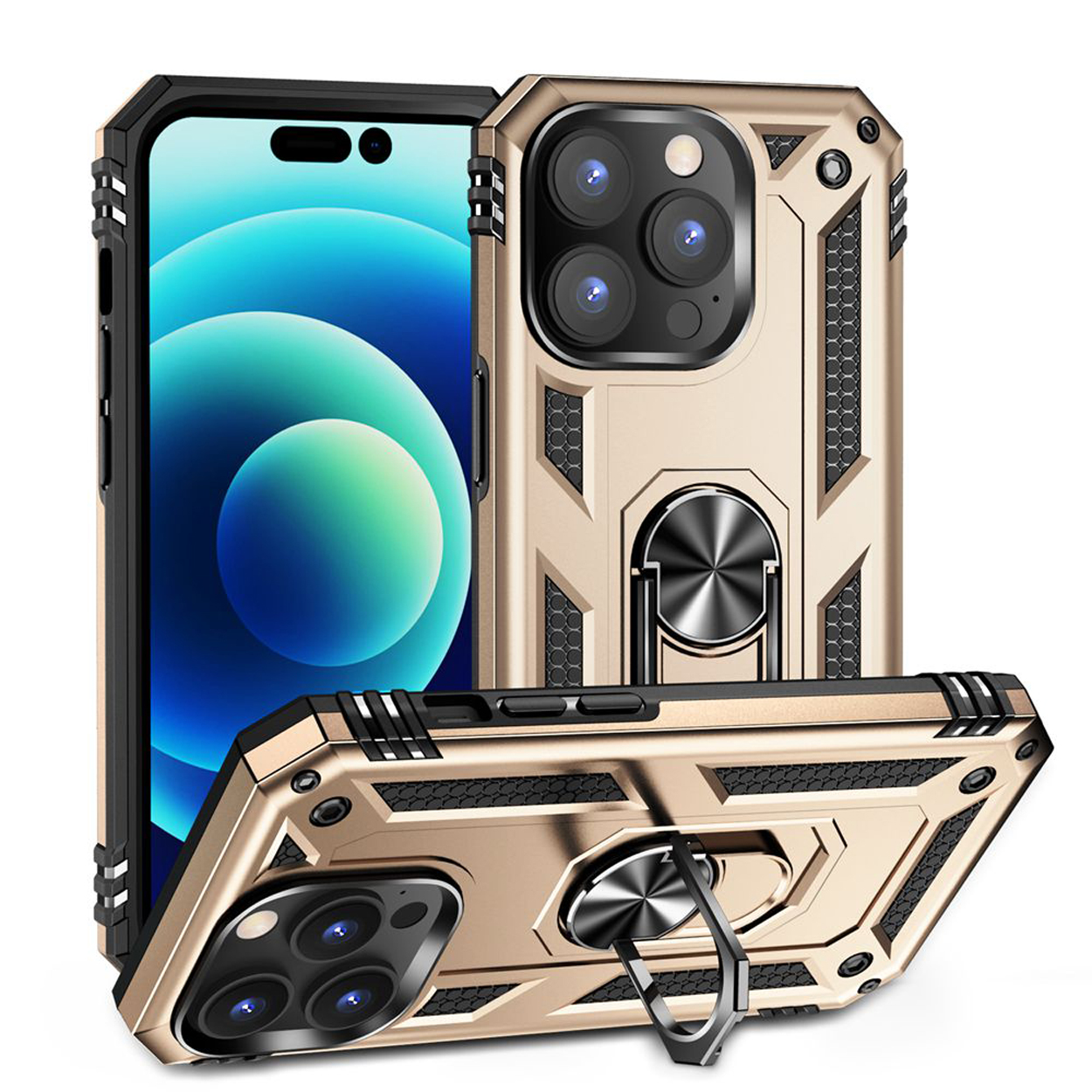 Gouden en zwarte telefoonhoes met drie camera's, een ringhouder en een zwarte telefoon erin. De telefoon staat schuin.