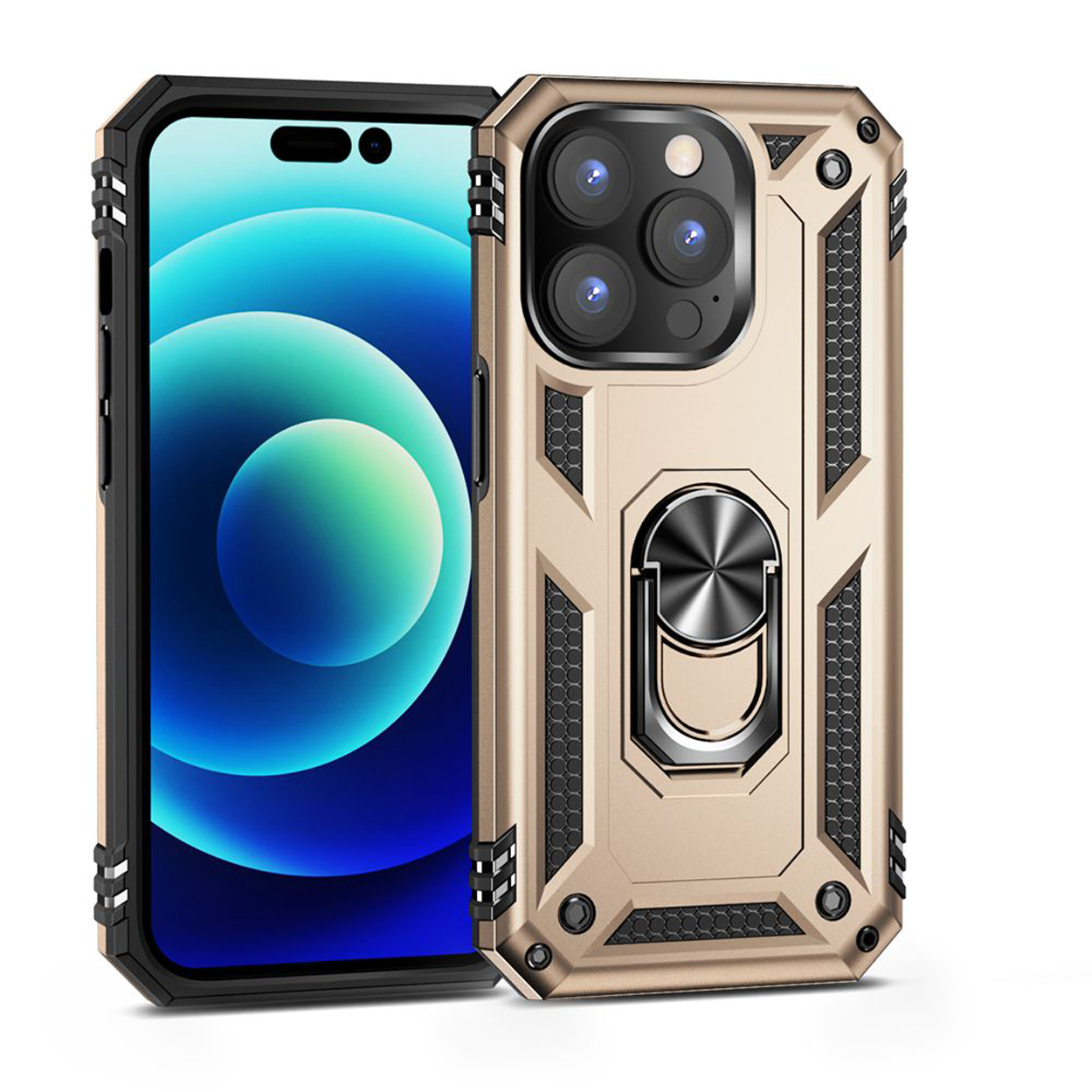 Telefoonhoesje met cameraringhouder, goud en zwart, op een witte achtergrond.