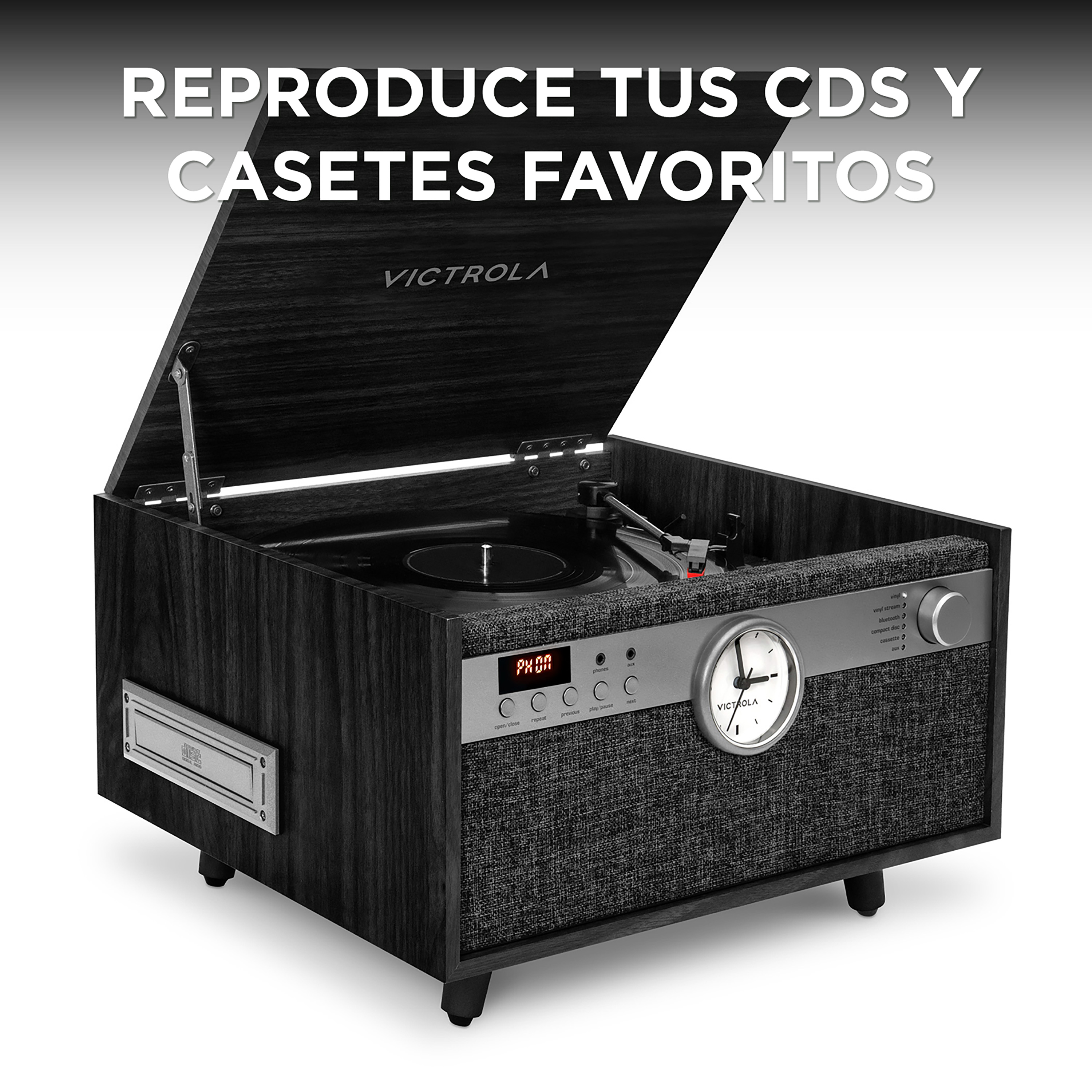 Tocadiscos de estilo vintage con tapa abierta, con reloj y altavoz.