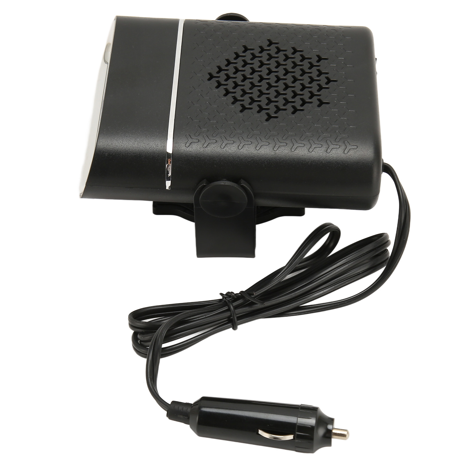 Eine schwarze Autoheizung mit Netzkabel und Adapter, isoliert auf weißem Hintergrund.