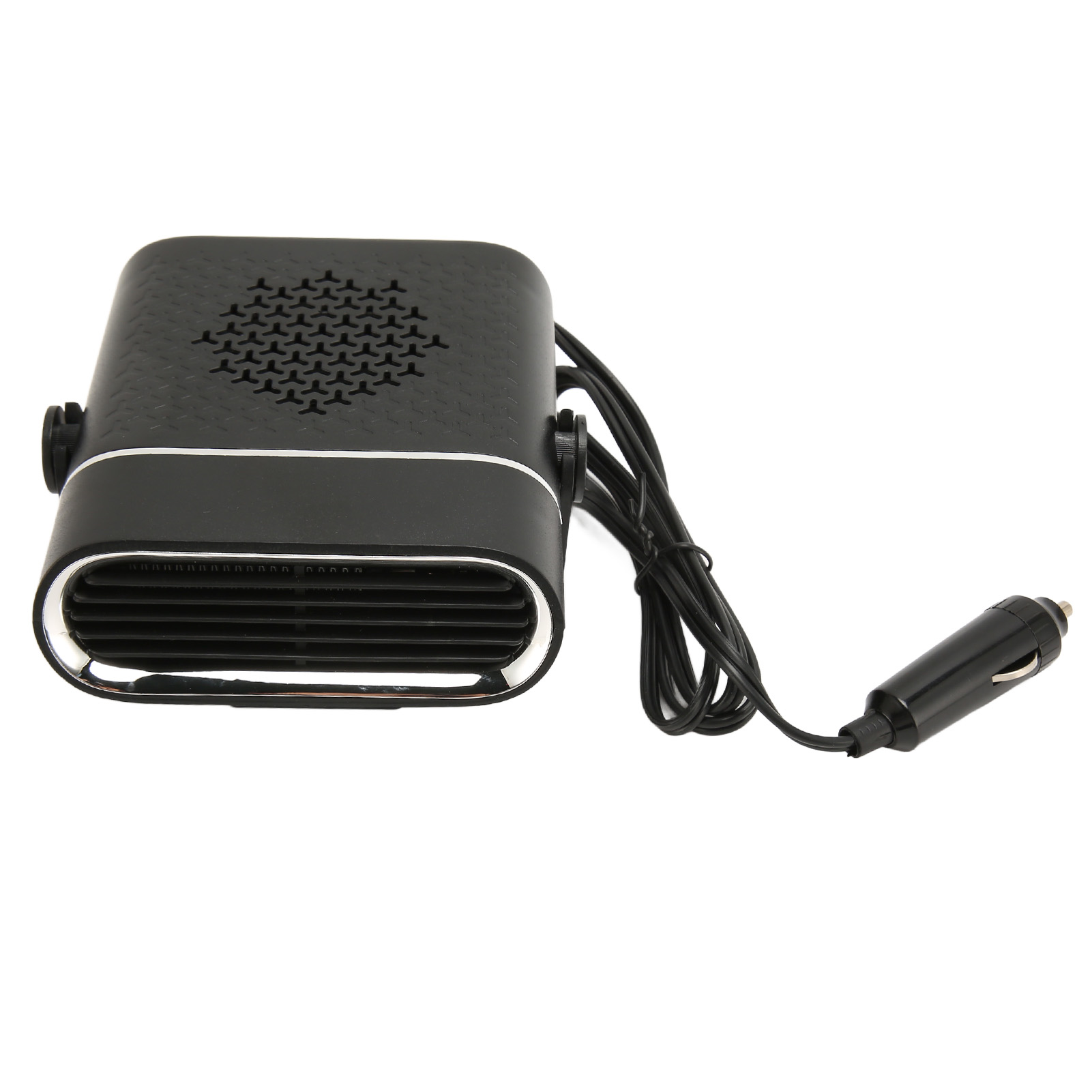 Schwarze Autoheizung mit Kabel und Stecker. Es hat eine Lüftung und silberne Verkleidung.