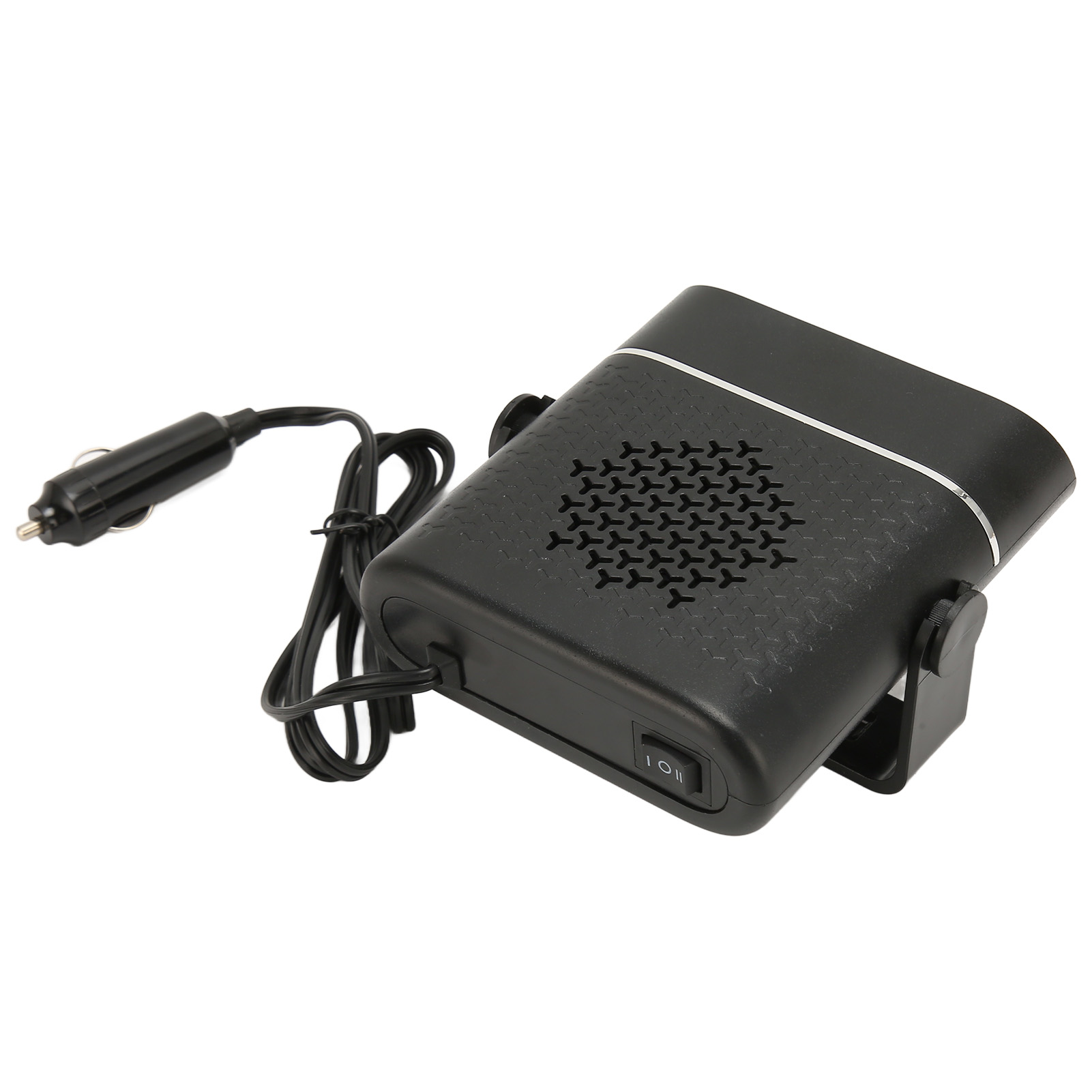 Schwarze Autoheizung mit Netzkabel und Schalter. Heizung hat ein Mesh-Design auf der Vorderseite.