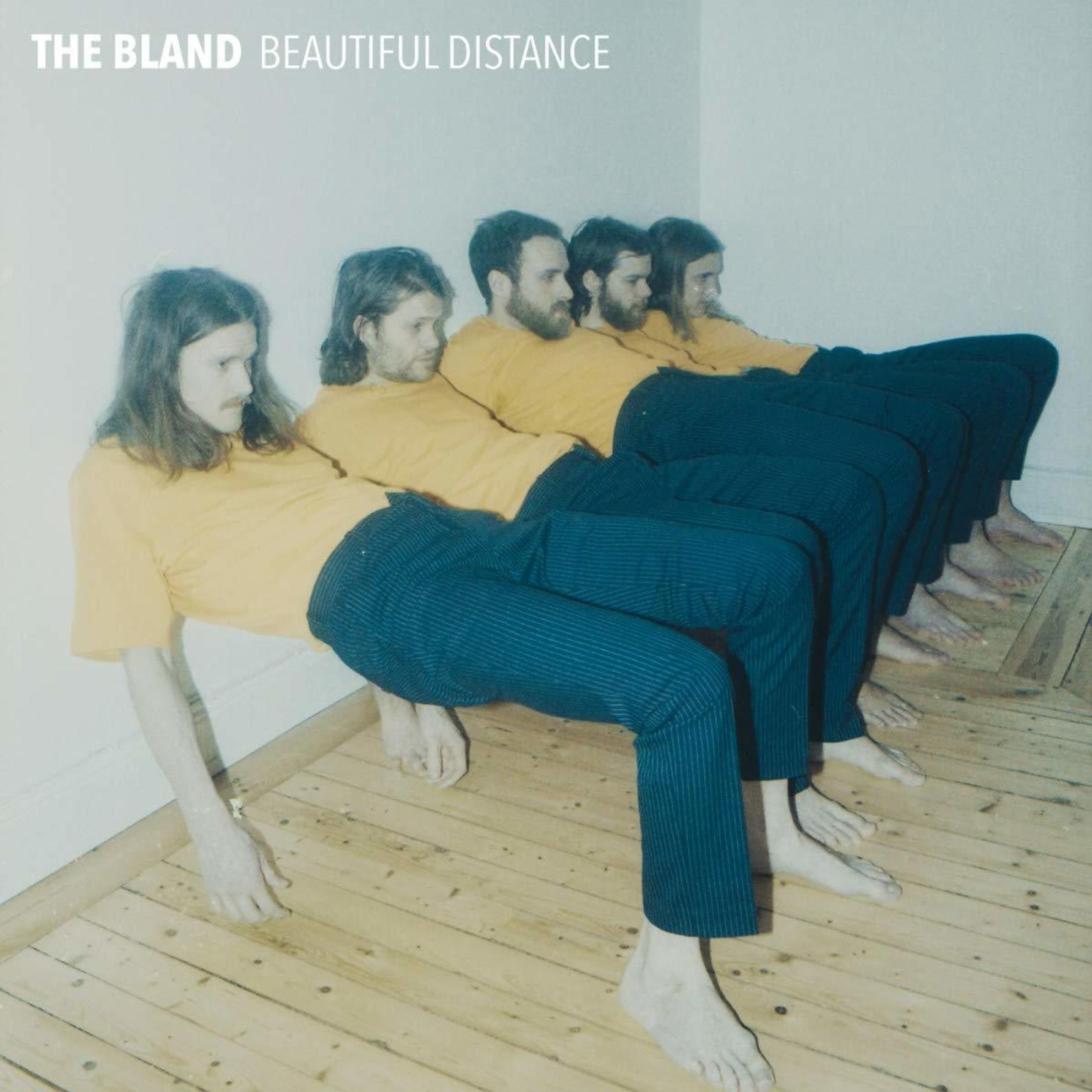 Pochette d'album de personnes posant, vêtues de jaune et de bleu. Fond blanc.