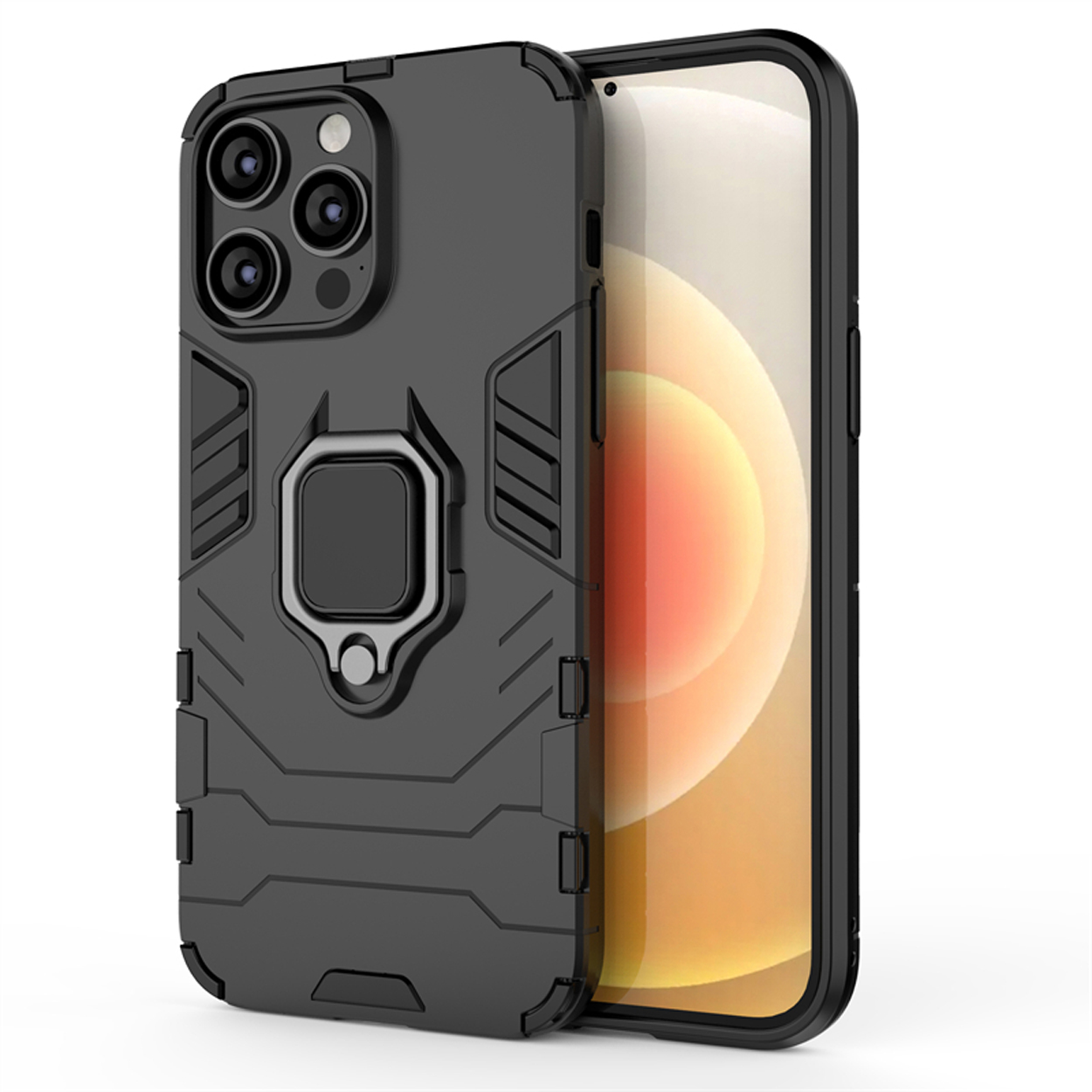 Zwarte telefoonhoes met een zilveren ringhouder op de achterkant en een telefoon in de hoes.