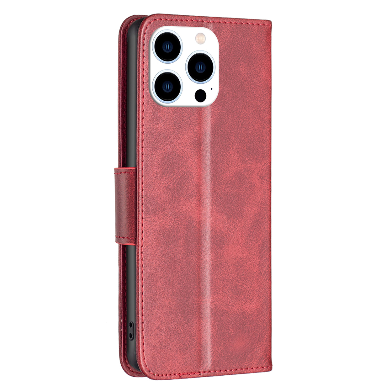 Een rode leren telefoonhoes, gesloten. De hoes heeft een magnetische sluiting en een cameramodule.