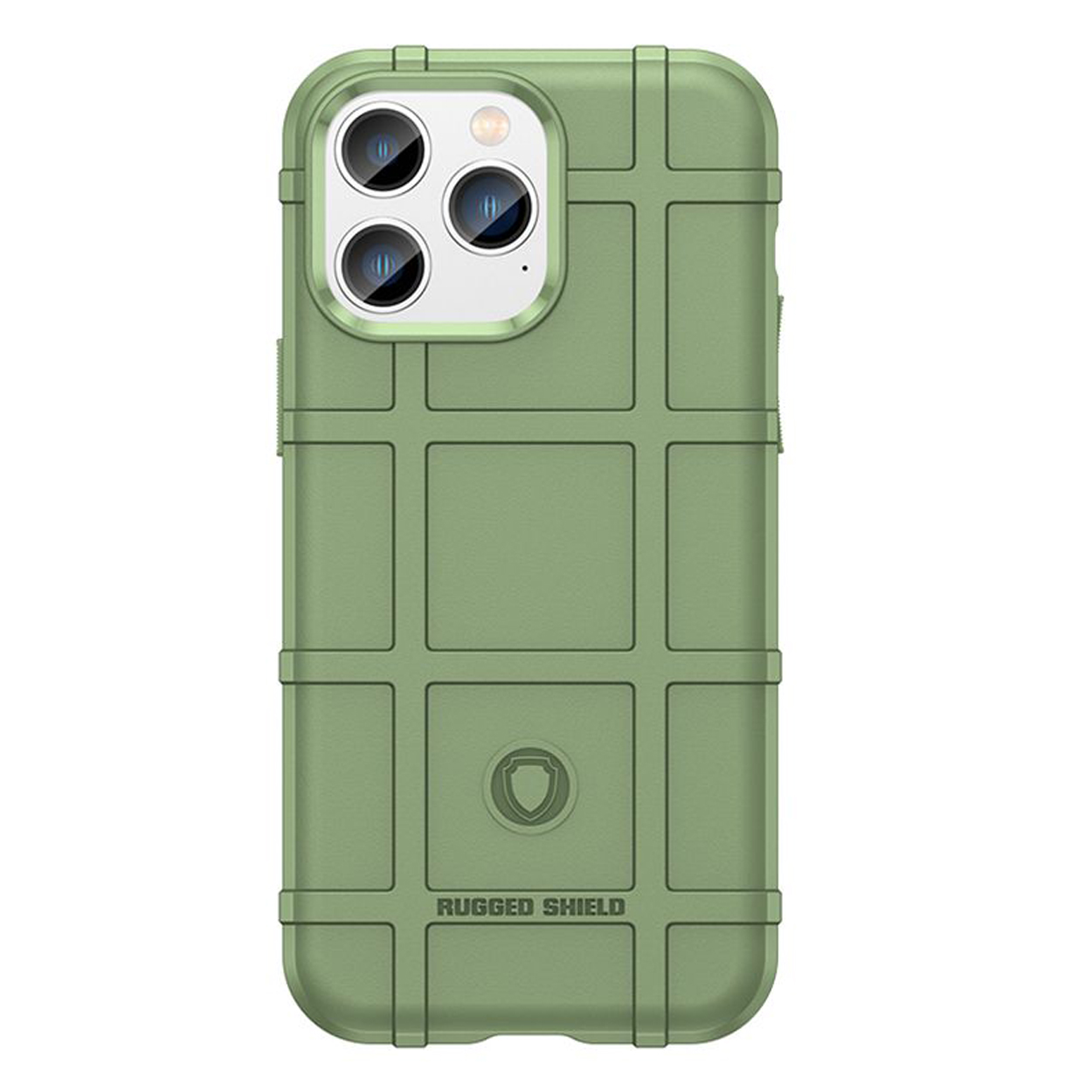 Groene telefoonhoes met een rasterpatroon en drie cameralenzen. Rugged Shield is gedrukt.