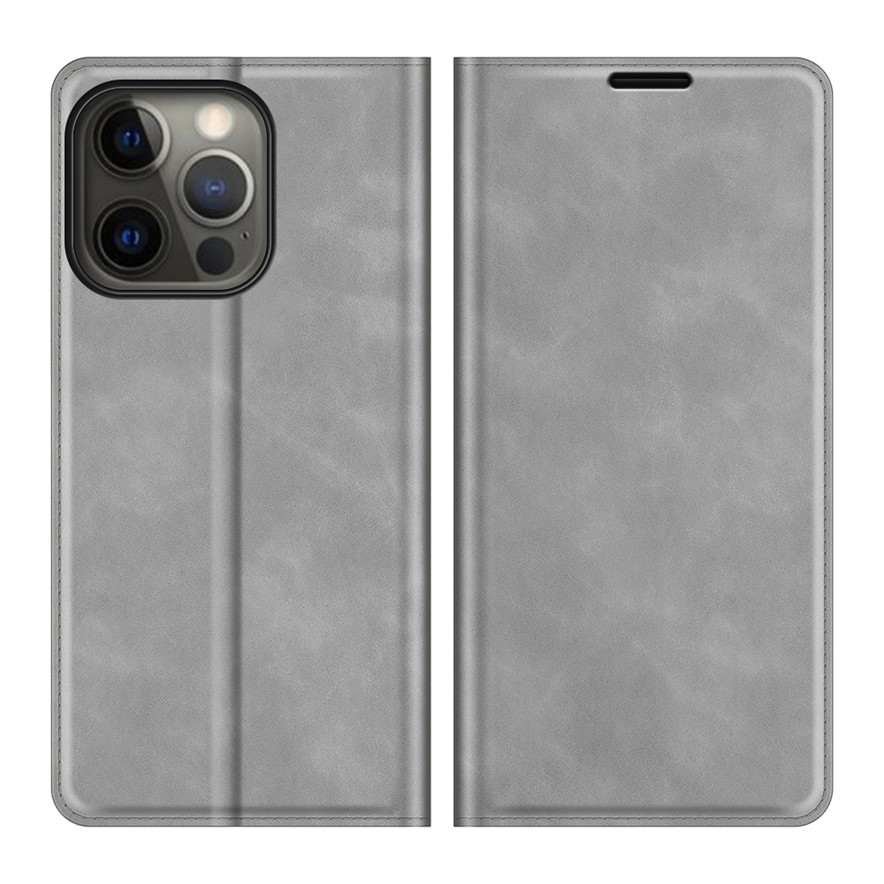 Étui de téléphone gris avec un téléphone à l'intérieur. L'étui est fermé, montrant le dos.