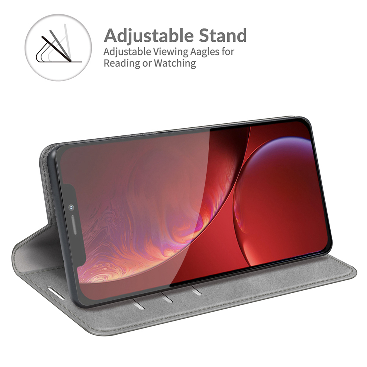 Un téléphone est affiché dans un étui gris ouvert. L'étui peut être utilisé comme support réglable.