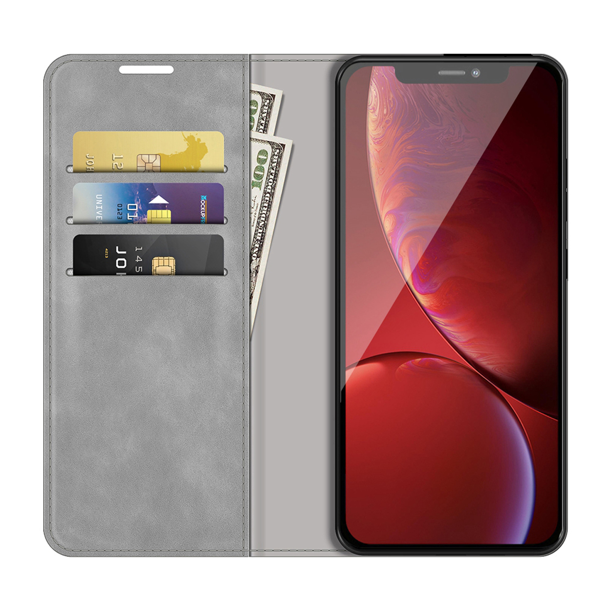 Un étui de téléphone gris ouvert, avec des cartes et de l'argent dans les fentes. L'écran du téléphone est rouge et visible.