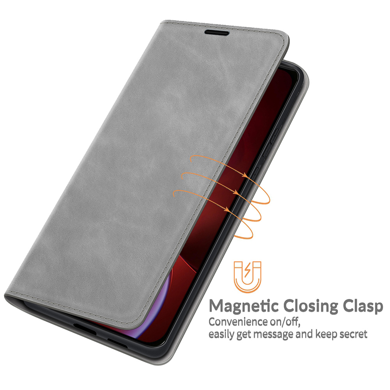 Étui de téléphone gris ouvert avec un téléphone à l'intérieur. Le fermoir est visible.