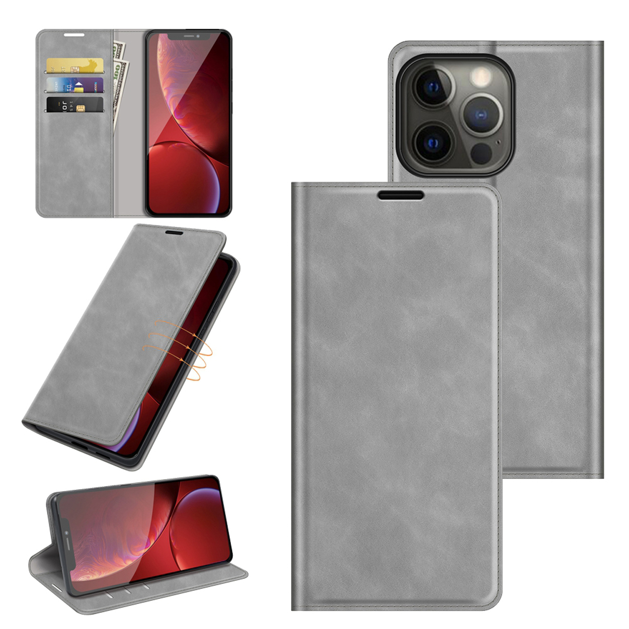 Étui de téléphone gris ouvert, avec des fentes pour cartes, de l'argent et un téléphone.