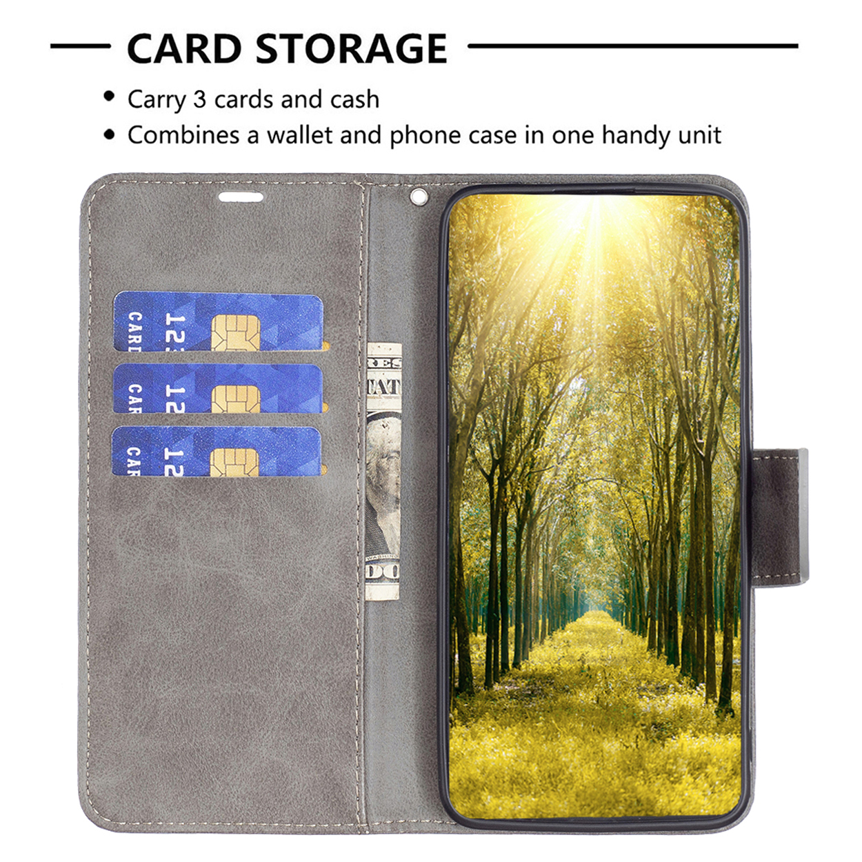 Grijze telefoonhoes open met kaarten en geld, met een boslandschap op het scherm.