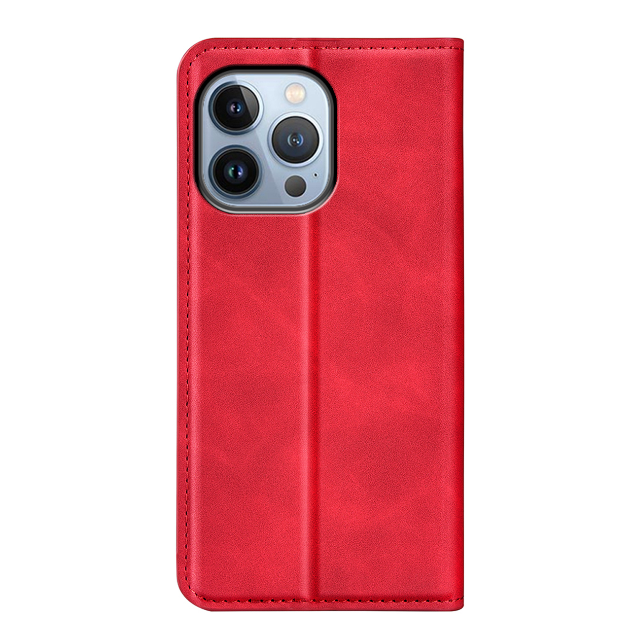 Étui de téléphone en cuir rouge fermé.  Les objectifs de l'appareil photo sont à l'arrière.