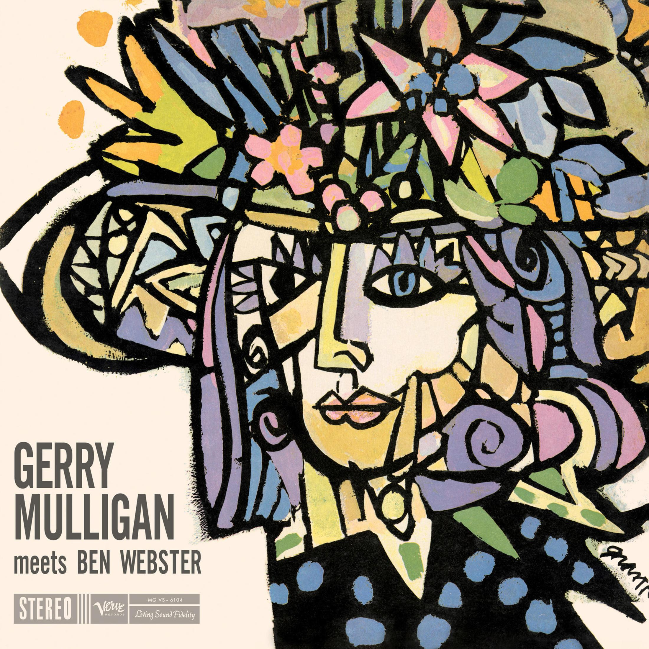 Copertina dell'album con un volto astratto colorato e il testo 'Gerry Mulligan meets Ben Webster'.