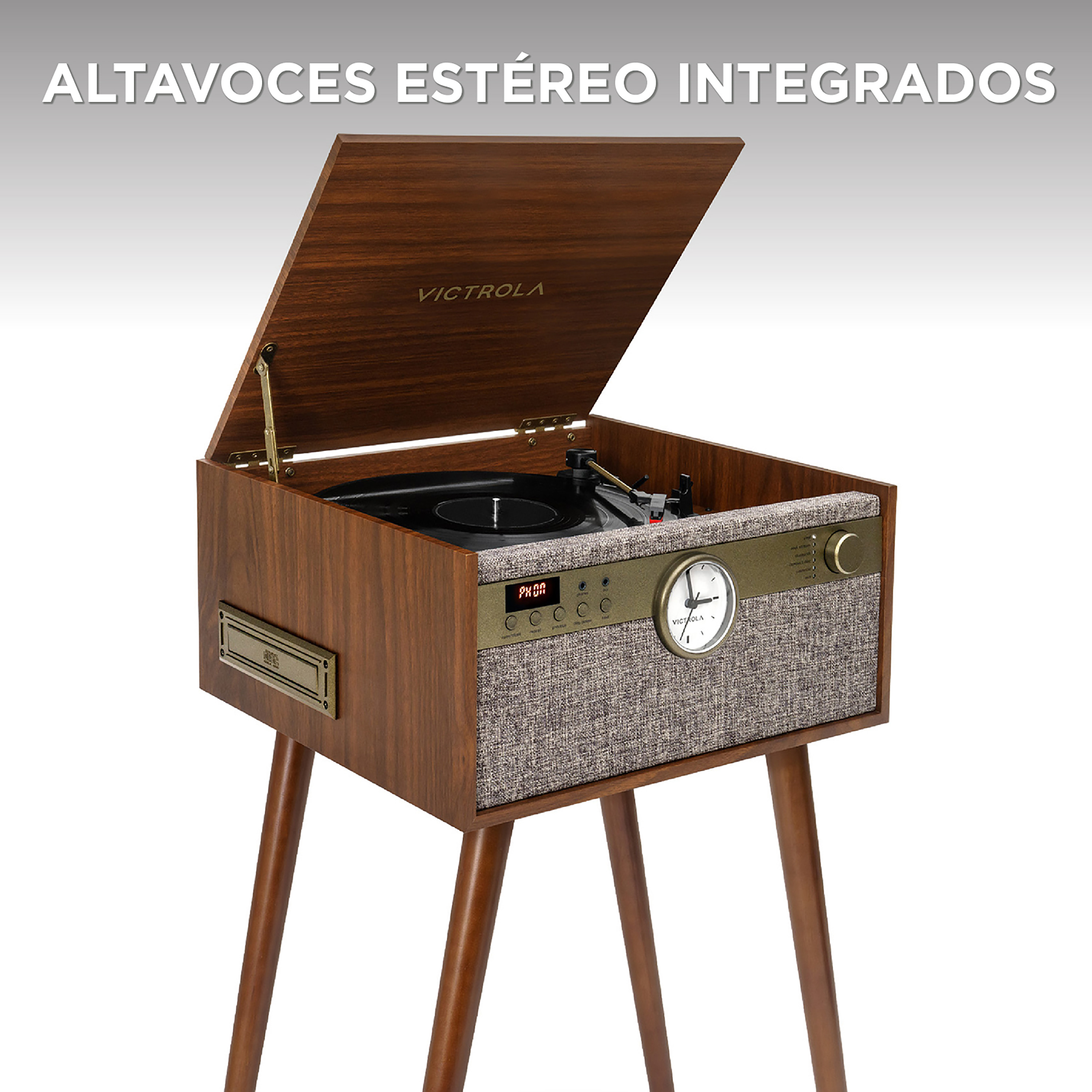 Giradischi in legno dal design vintage, coperchio aperto e altoparlanti.