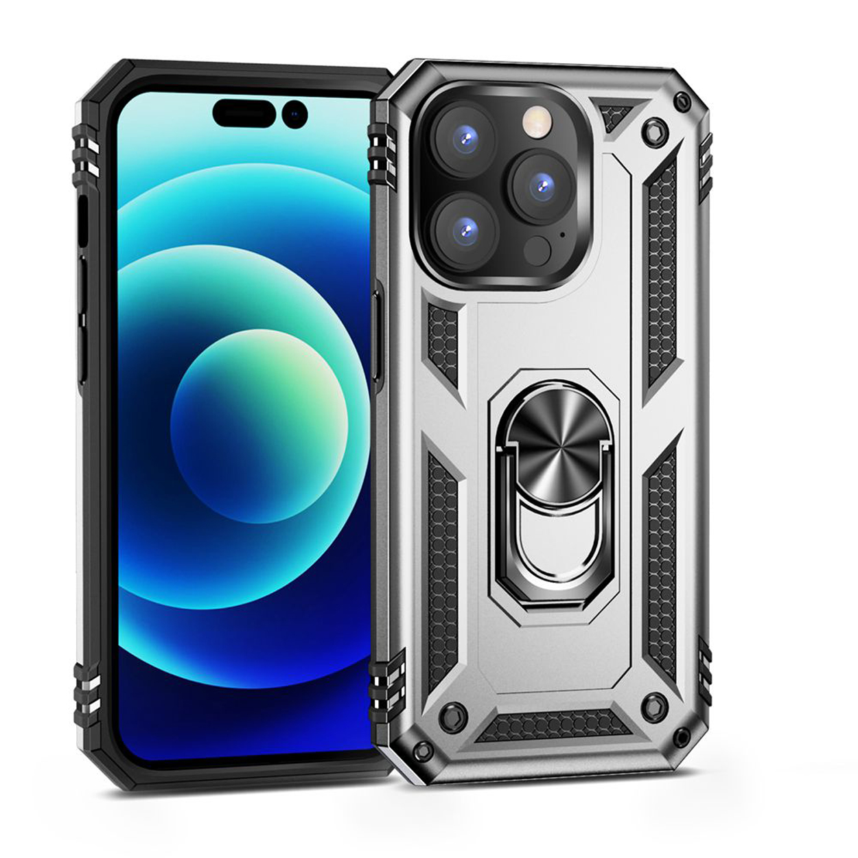 Zilveren telefoonhoes met een ringhouder, telefoon erin. Het telefoonscherm is zichtbaar.