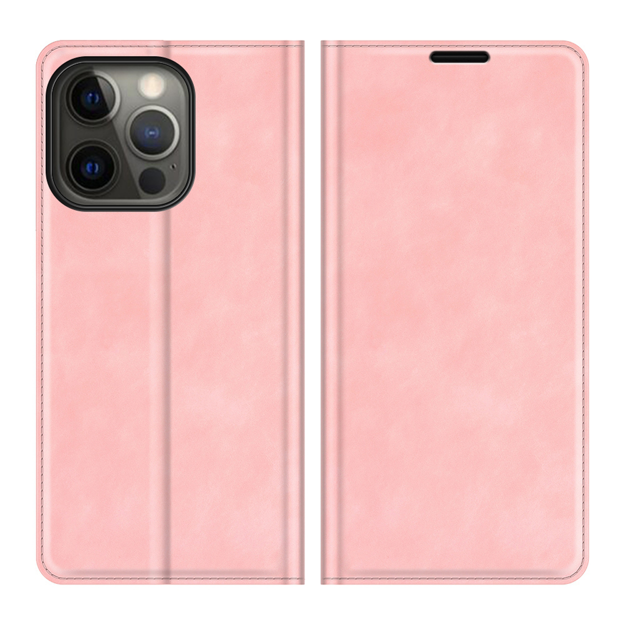 Coque de téléphone rose, fermée. Montre l'avant et l'arrière. Comprend un design cousu.