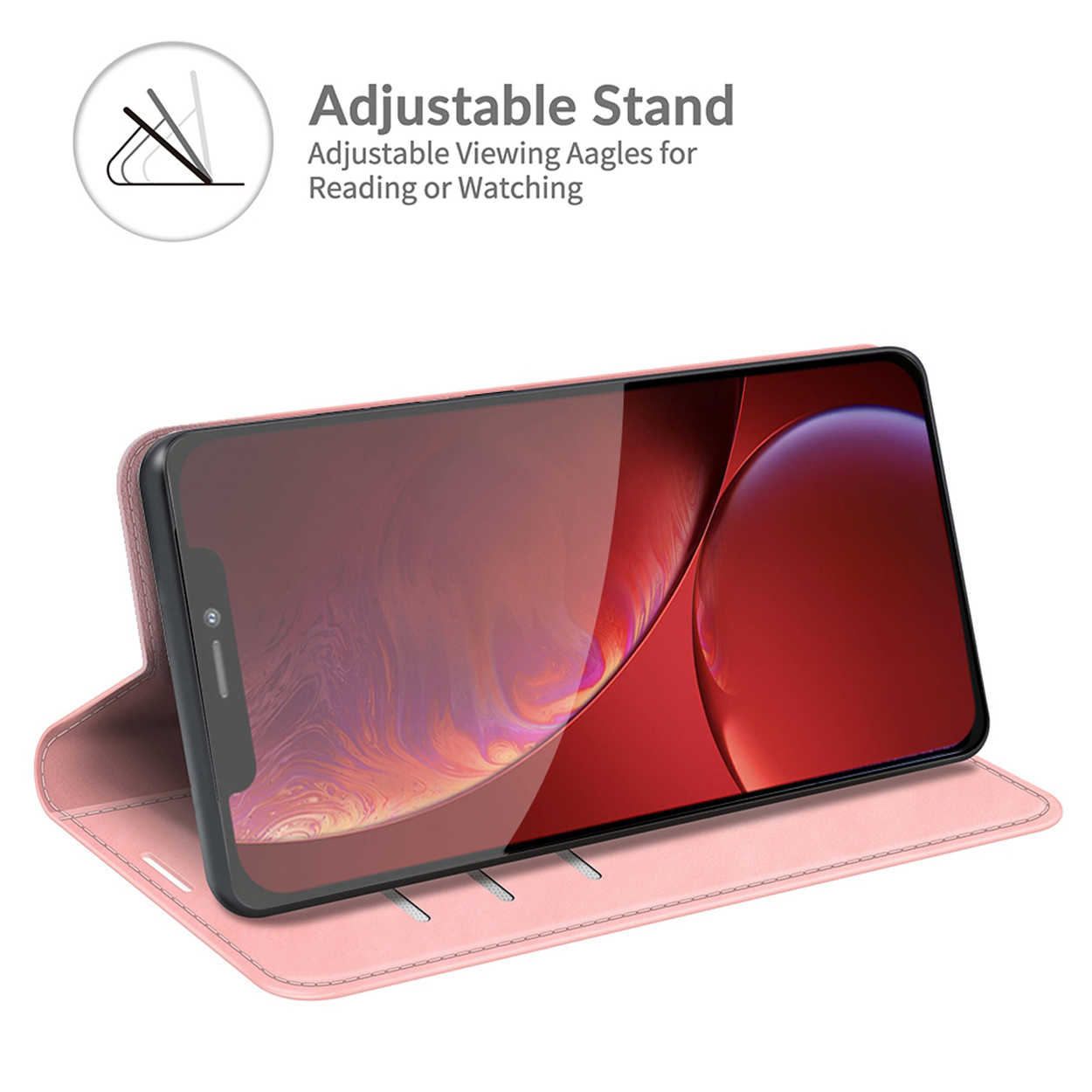 Un étui de téléphone avec un téléphone à l'intérieur. L'étui est rose et possède un support.