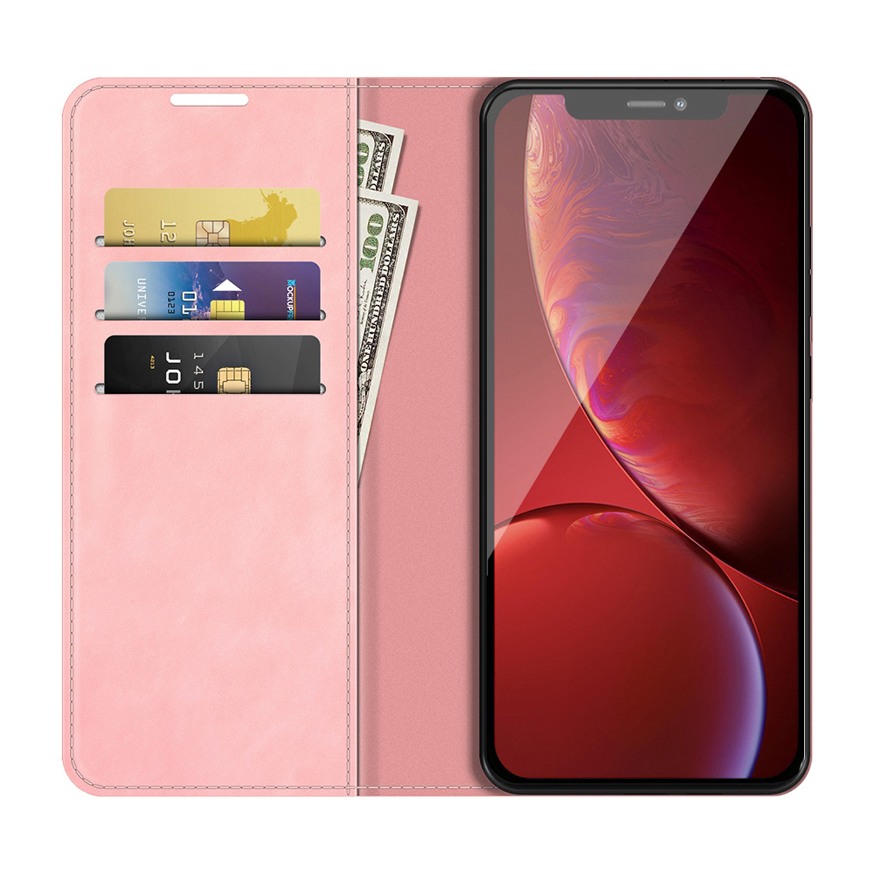 Étui de téléphone rose ouvert, montrant des cartes et de l'argent avec un téléphone.