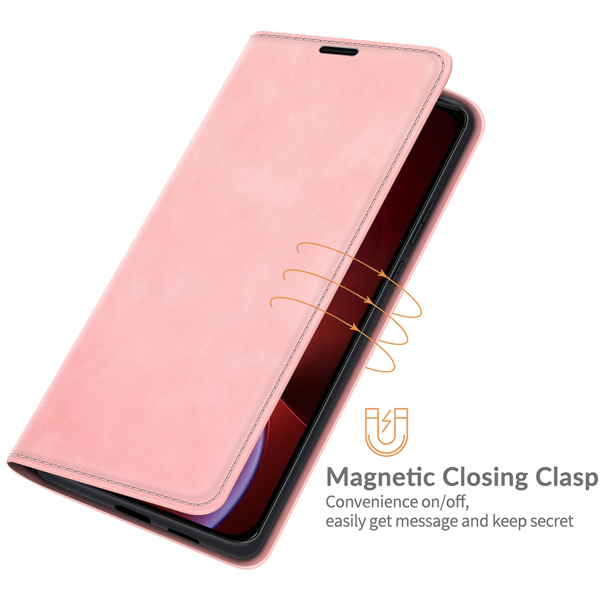 Étui de téléphone rose ouvert, avec un téléphone à l'intérieur. Texte : 'Fermeture magnétique'.