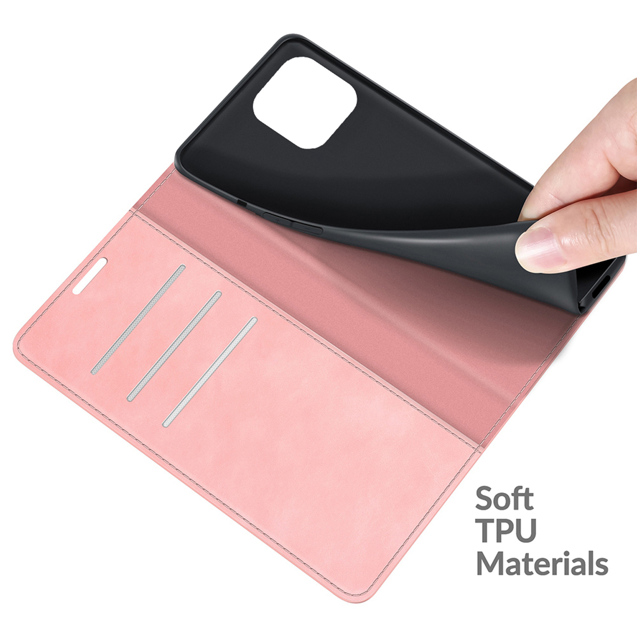 Coque de téléphone rose ouverte, montrant le téléphone et l'intérieur. Matériaux TPU souples.