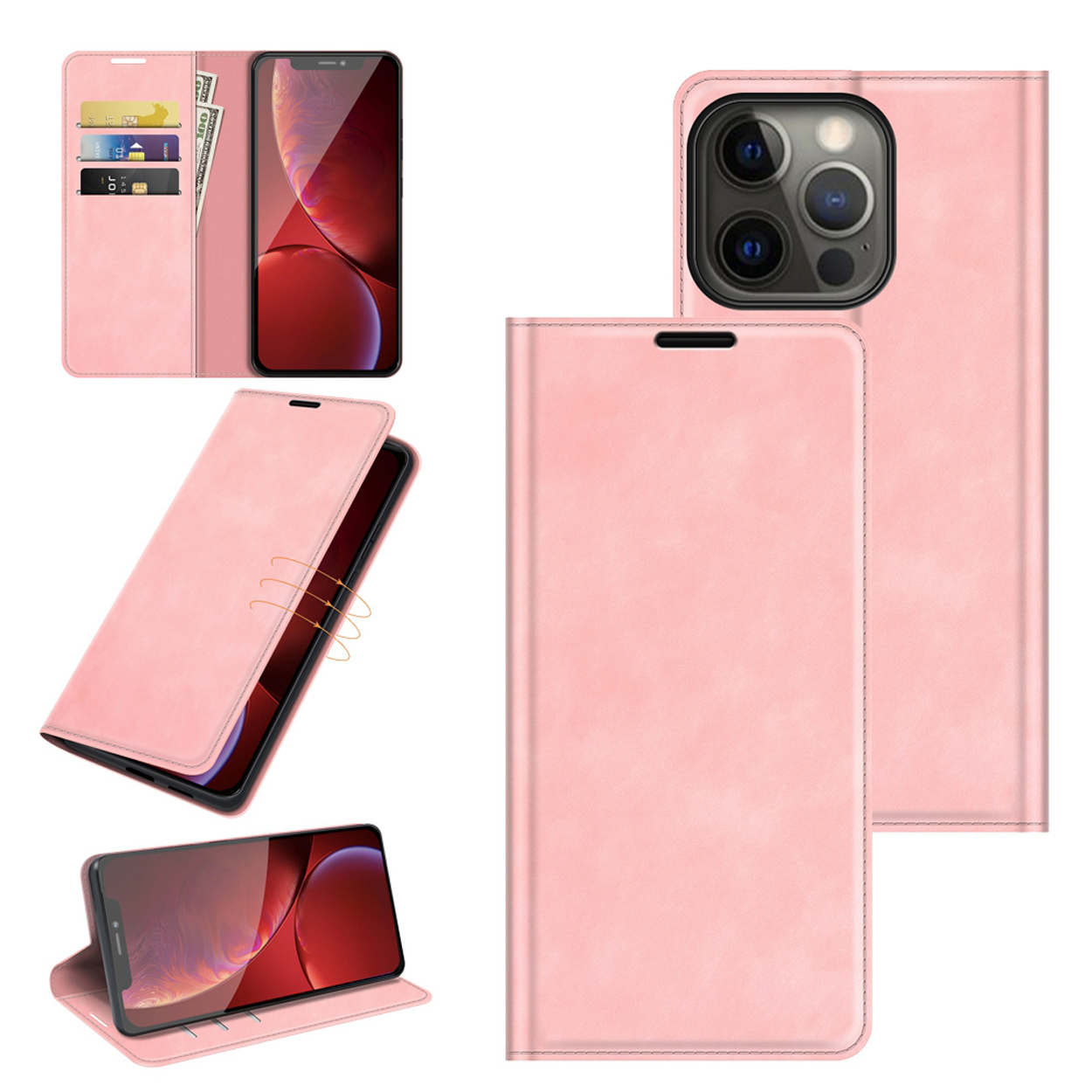 Étui de téléphone rose avec plusieurs vues d'un téléphone à l'intérieur, avec cartes et argent, sur fond blanc.